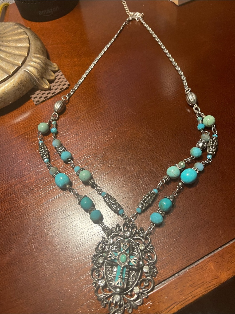 Turquoise Cross and Bead Pendant Necklace - Women's Silver-Tone Jewelry